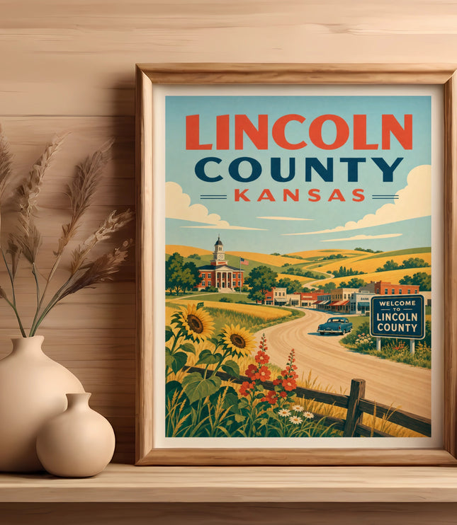 Vintage poster for Lincoln County, Kansas, with a scenic rural landscape.