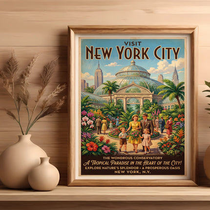 Vintage New York City Botanical Conservatory travel poster with text.