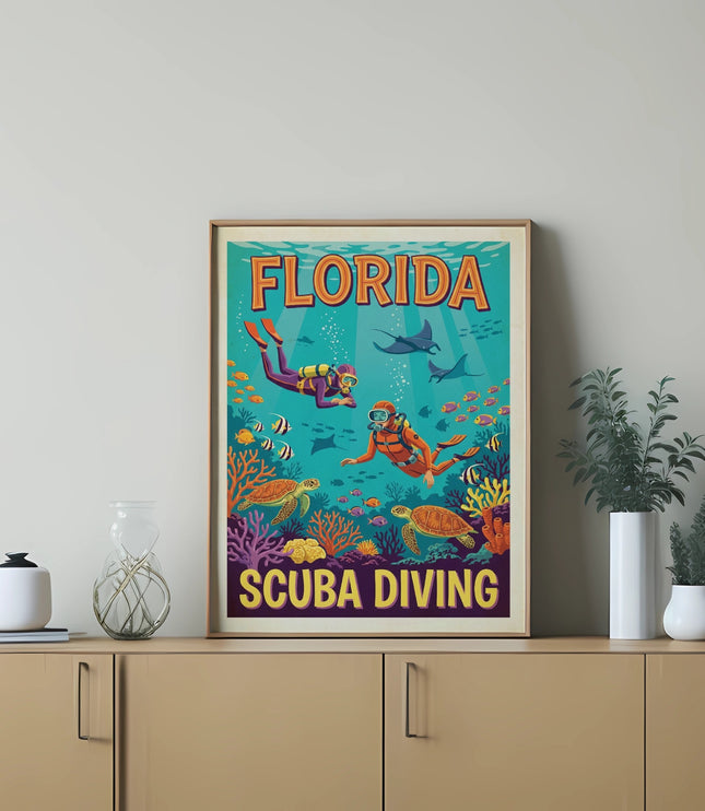 Vintage Florida Scuba Diving poster art with divers, turtles, manta rays, and coral.