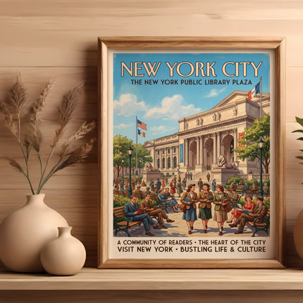 New York City Public Library Plaza poster with people seated and text about the city.
