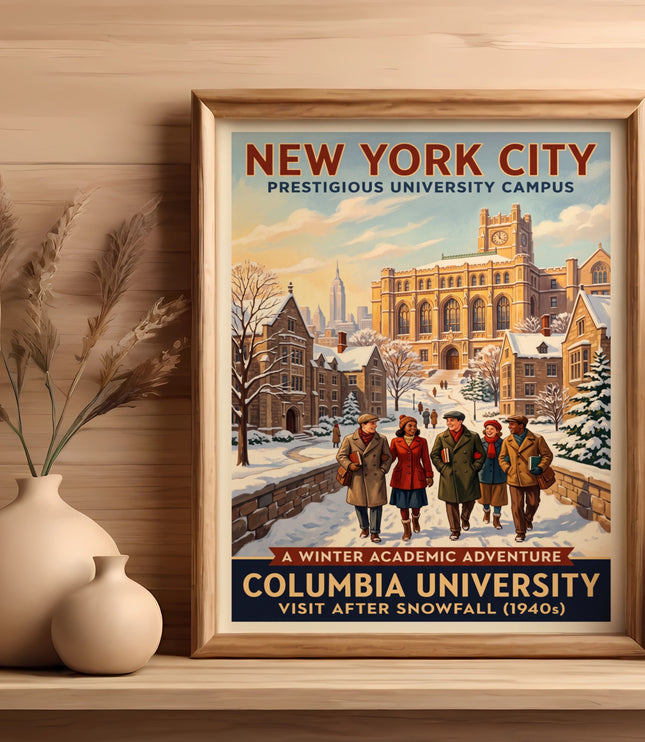 New York City poster depicts Columbia University campus in snow with students.