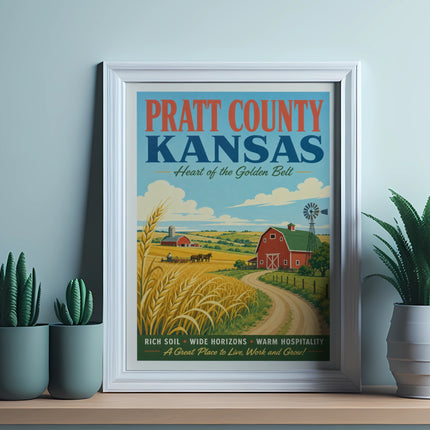 Pratt County Kansas poster with farm scene and text.