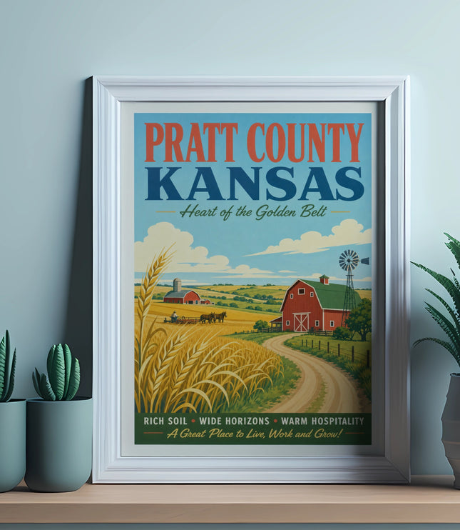 Pratt County Kansas poster with farm scene and text.
