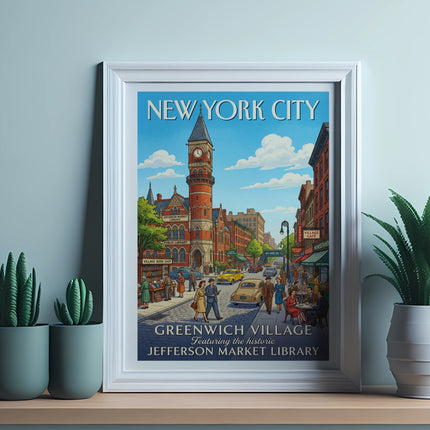 New York City poster featuring Jefferson Market Library and Greenwich Village street scene.