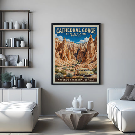 Framed poster of Cathedral Gorge State Park, Nevada featuring a yellow car and people.