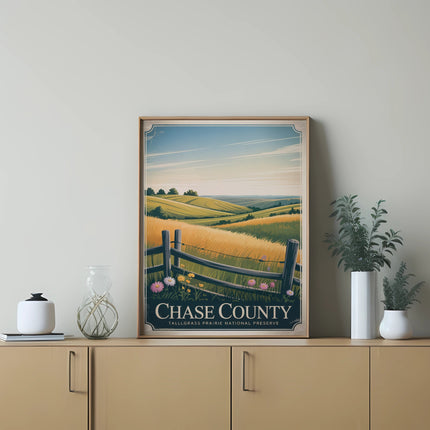 Vintage poster for Tallgrass Prairie National Preserve with rolling hills and golden grasses.