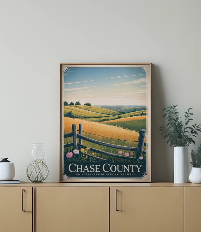 Vintage poster for Tallgrass Prairie National Preserve with rolling hills and golden grasses.