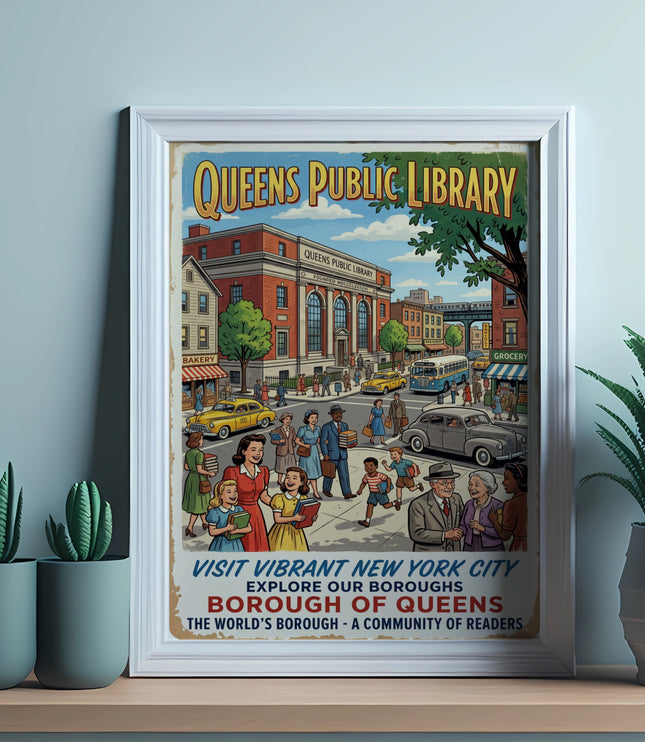 Queens Public Library vintage poster featuring the building, street scene, and text.
