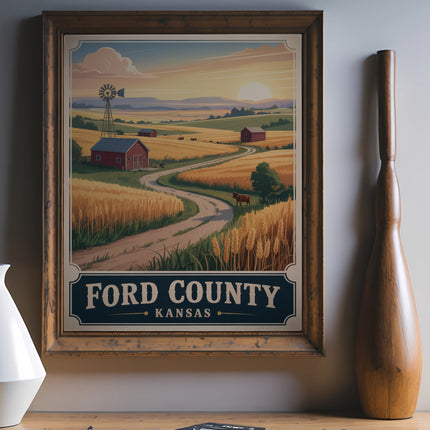 Vintage Ford County Kansas travel poster with rural landscape.