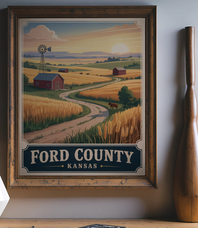 Vintage Ford County Kansas travel poster with rural landscape.