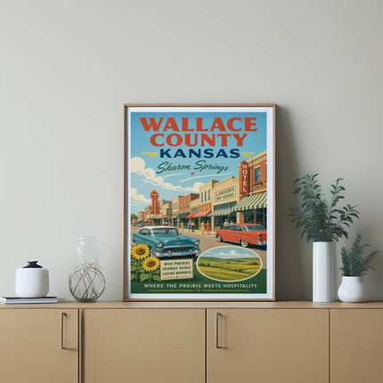 Wallace County Kansas travel poster with Sharon Springs, a cafe, and hotel.