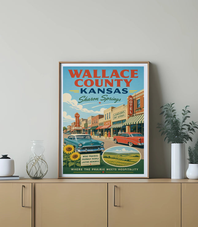 Wallace County Kansas travel poster with Sharon Springs, a cafe, and hotel.