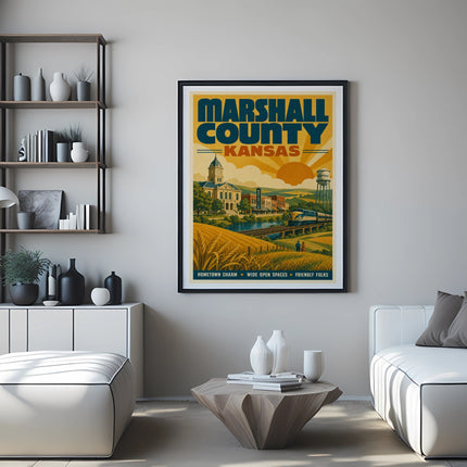 Marshall County Kansas vintage travel poster with buildings and text.