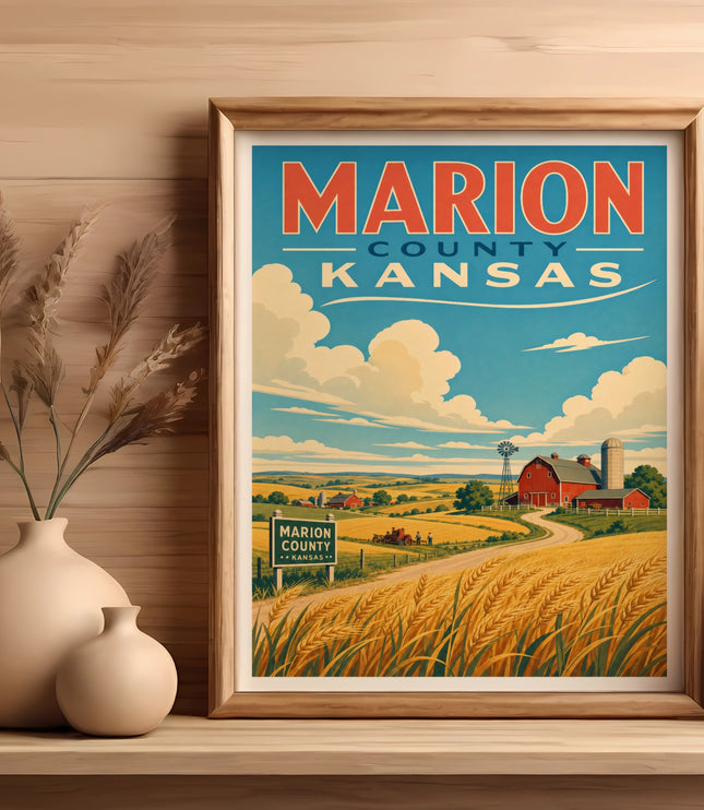 Vintage travel poster for Marion County, Kansas, featuring a barn and wheat fields.