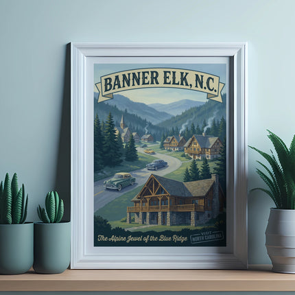 Vintage travel poster of Banner Elk, NC, depicting a mountain town with a lodge, church, and cars.