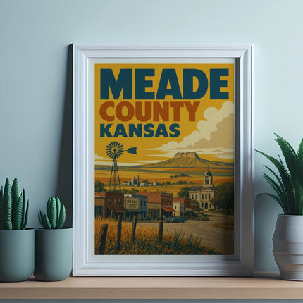 Framed poster depicting a rural town scene with a windmill and "Meade County Kansas" text.