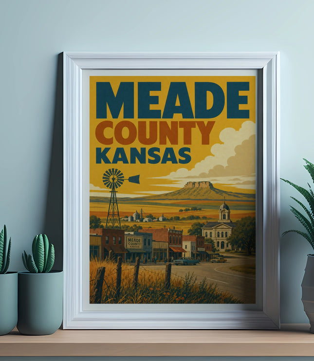 Framed poster depicting a rural town scene with a windmill and "Meade County Kansas" text.