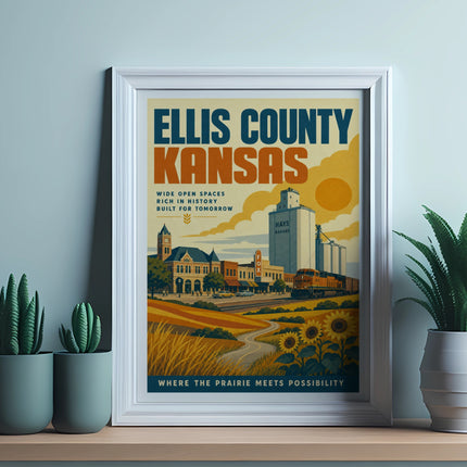 Ellis County Kansas poster with train, grain elevator, and prairie landscape.