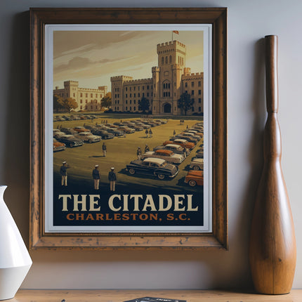 Artwork of The Citadel in Charleston, S.C. with students and cars in a courtyard setting.