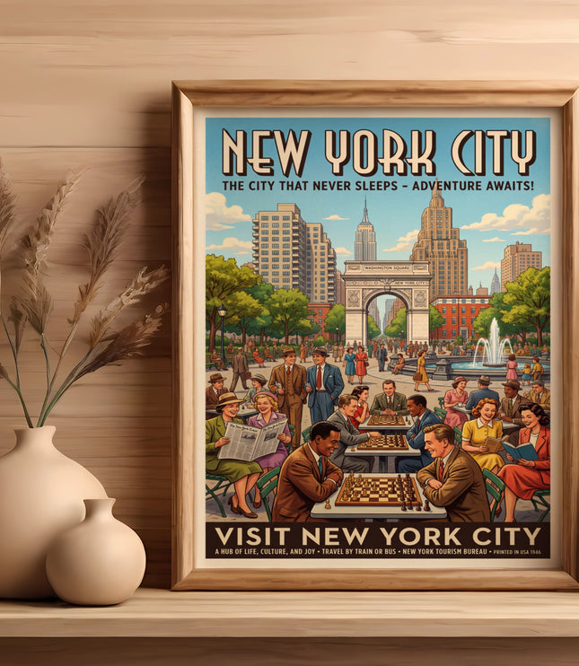 New York City poster with Washington Square Arch and people playing chess.