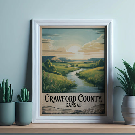 Vintage "Crawford County, Kansas" landscape poster with river and plants.