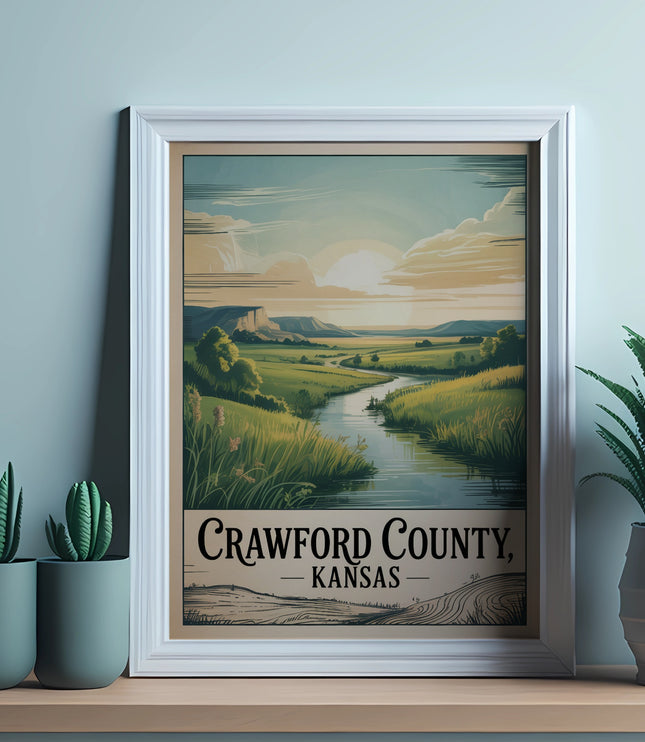 Vintage "Crawford County, Kansas" landscape poster with river and plants.