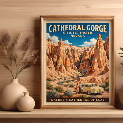 Cathedral Gorge State Park, Nevada vintage travel poster with text.