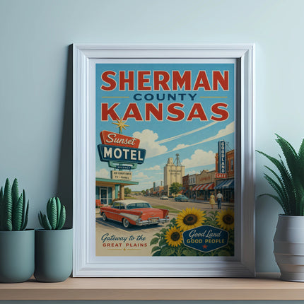 Vintage poster for Sherman County, Kansas, featuring a motel, classic car, and local businesses.