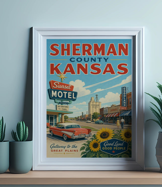 Vintage poster for Sherman County, Kansas, featuring a motel, classic car, and local businesses.