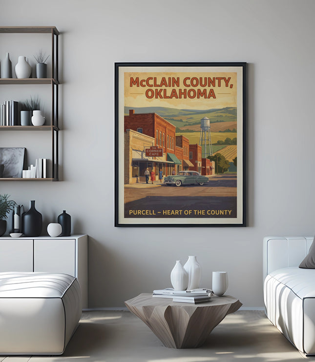 Poster of McClain County, Oklahoma, featuring Purcell and a vintage car.