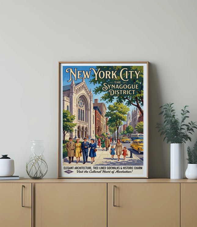 New York City The Synagogue District vintage travel poster with people and architecture.