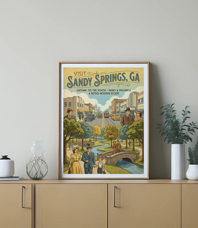 Vintage travel poster for Sandy Springs, GA, with a park scene and town.