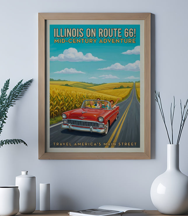 Illinois on Route 66! Mid-Century Adventure poster with red convertible and cornfields.