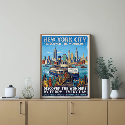 New York City ferry poster with skyline and text "Discover the Wonders".