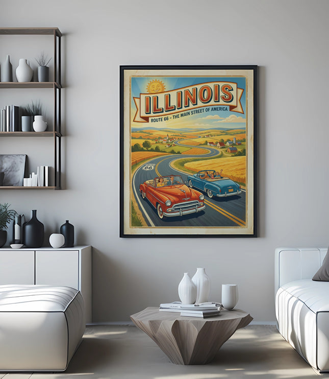 Illinois Route 66 vintage poster featuring classic cars on winding road.