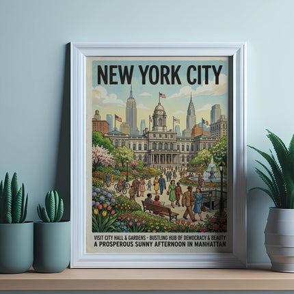 New York City poster depicting City Hall, gardens, and bustling street scene.