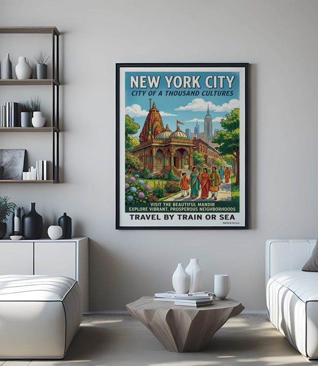 New York City poster featuring a mandir with Empire State Building and text.