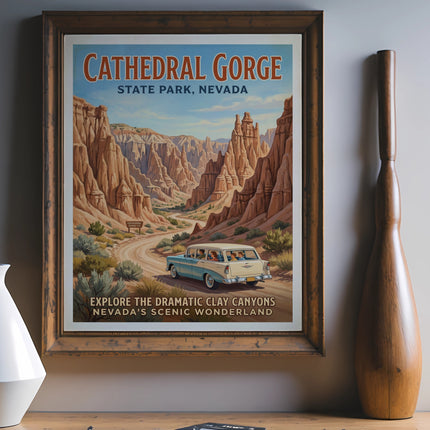 Cathedral Gorge State Park, Nevada retro poster with vintage car driving through canyons.