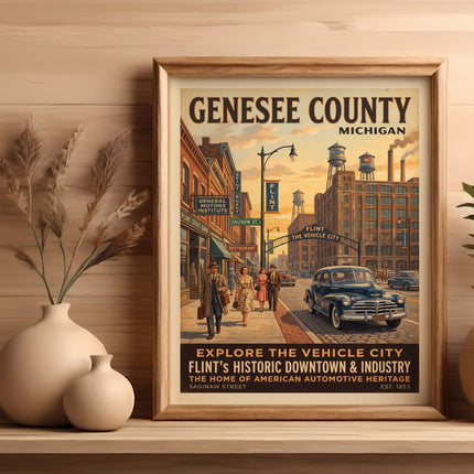 Genesee County, Michigan poster depicting Flint's historic downtown, vehicles, and industry.