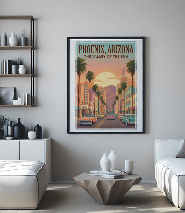 Vintage Phoenix, Arizona poster art with retro cars and palm trees.