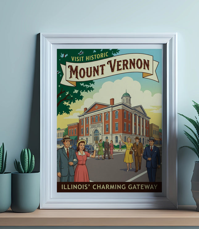 Vintage Mount Vernon Illinois poster with buildings, people, and text "Illinois' Charming Gateway".