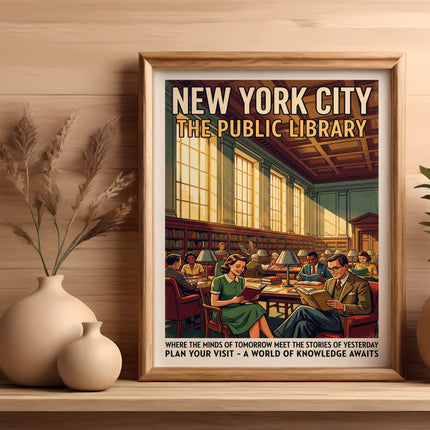 New York City Public Library vintage poster with people reading.
