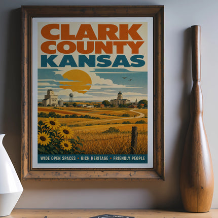Vintage poster of Clark County Kansas with sunflowers and buildings.