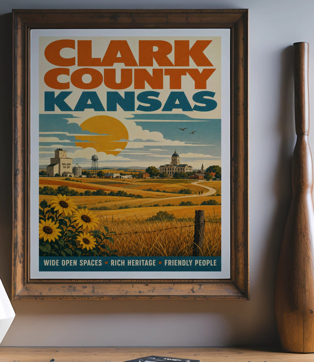 Vintage poster of Clark County Kansas with sunflowers and buildings.