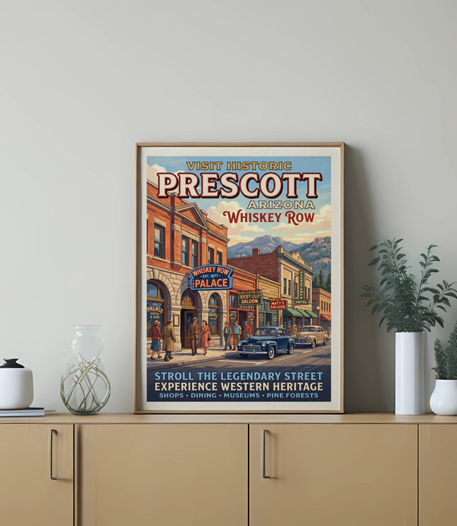 Vintage travel poster for Prescott, Arizona, featuring Whiskey Row buildings and cars.