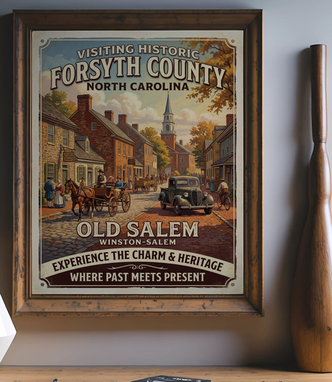 Forsyth County, NC poster depicting Old Salem, Winston-Salem with horse-drawn carriage.