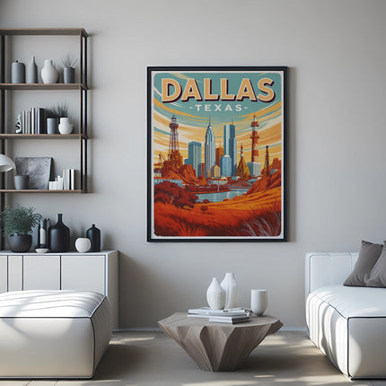 Poster of Dallas skyline with skyscrapers and a desert landscape.
