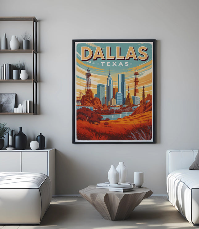 Poster of Dallas skyline with skyscrapers and a desert landscape.