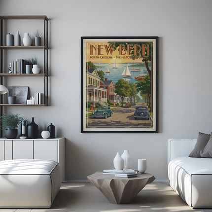 Vintage New Bern, North Carolina poster featuring buildings, cars, and sailboats.