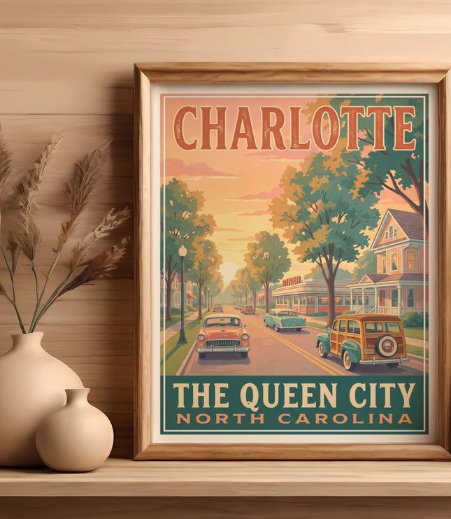 Vintage poster of Charlotte, North Carolina, "The Queen City," with classic cars.